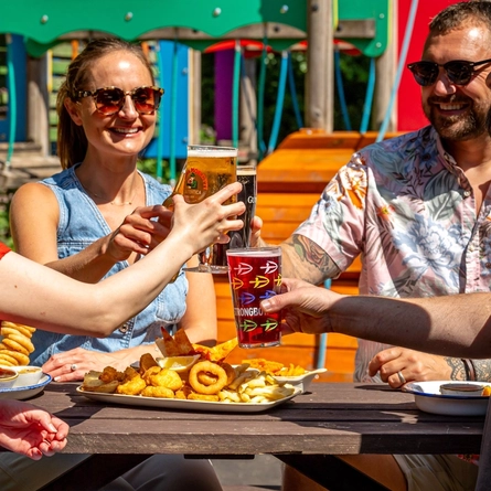A mixed group sitting at an outside table with food, holding drinks in a cheers pose.
