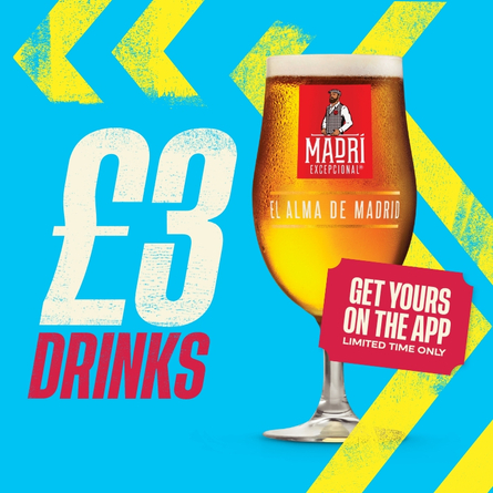 A graphic banner promoting '£3.00 drinks, get yours on the app, limited time only.' with a pint of Madri at Flaming Grill venues.