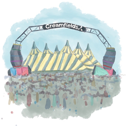 An illustration of crowds and festival tents, advertising the Creamfields music festival.