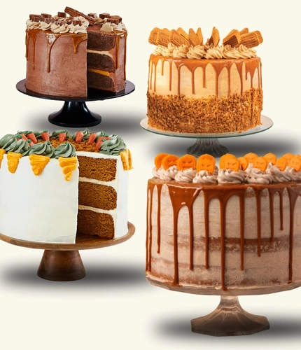 A banner showing a variety of cakes served on cake stands, available at Farmhouse Inns venues.
