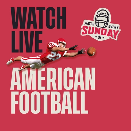 Promotional graphic for live American football featuring the text “Watch Live American Football” and “Watch Every Sunday” on a red background. An American football player in a red and white uniform dives forward to catch a football, with a helmet-themed logo displayed alongside the text.