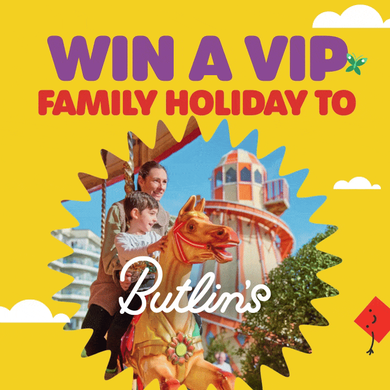 A graphic promoting the chance to win a holiday to Butlin's.