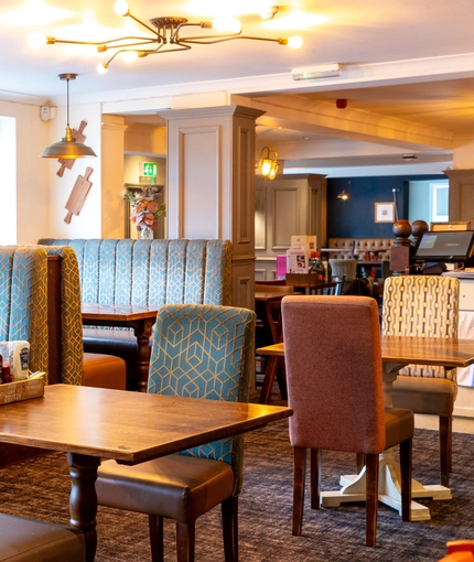 Interior dining area of a pub.
