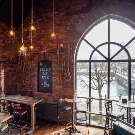 The interior restaurant seating area and decor at The Pump House in Liverpool.