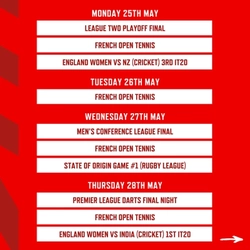 A banner displaying televised Sports events during May being shown at selected Greene King Sport and Hungry Horse venues.