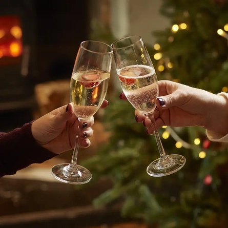 Two hands cheersing glasses of prosecco.