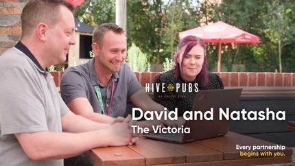 A video front screen showing David and Natasha from The Victoria.