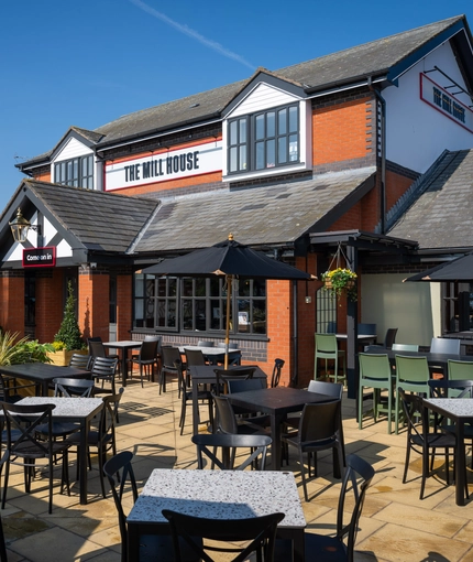 Exterior of the venue and the beer garden at the Mill House Cheshire.