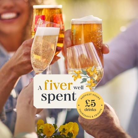 A banner showing a group of friends with a selection of drinks celebrating with a cheers to advertise £5 drinks on Thursdays & Fridays at Chef & Brewer venues.