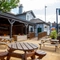 A beer garden outside of a pub