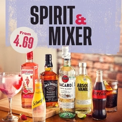 A banner promoting 'Spirit & Mixer' (ENG/SCOT) card collection from £4.69 at Flaming Grill venues.