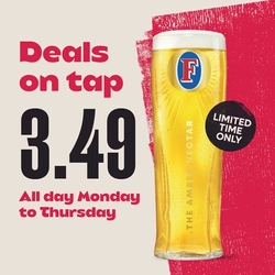 A graphic promoting "Deals on Tap" for Fosters at Flaming Grill.