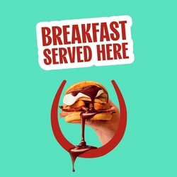 A graphic banner promoting 'breakfast served here' at Hungry Horse venues.