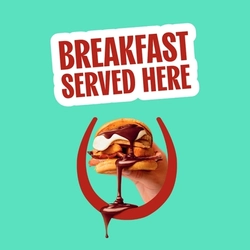 A graphic banner promoting 'breakfast served here' at Hungry Horse venues.