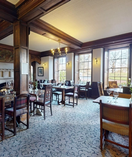 The restaurant area inside The Rothley Court Hotel.