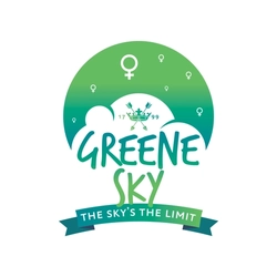 Green gradient circular logo featuring multiple white gender‑equality symbols scattered across the sky. At the centre, a white cloud shape contains a small green crest marked ‘1799’. Below the cloud, the words ‘Greene Sky’ appear in bold, handwritten‑style green text. A green banner at the bottom reads ‘The Sky’s the Limit’ in white letters.