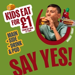 A banner promoting the Kids Eat for £1 from 30th March to 17th April at Hungry Horse venues.