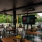 The under cover exterior beer garden seating area at The Richmond Arms, with heaters and an outdoor TV.