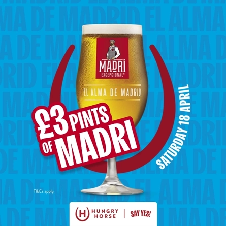 A banner promoting the £3 Pint Madri Campaign at Hungry Horse venues.  