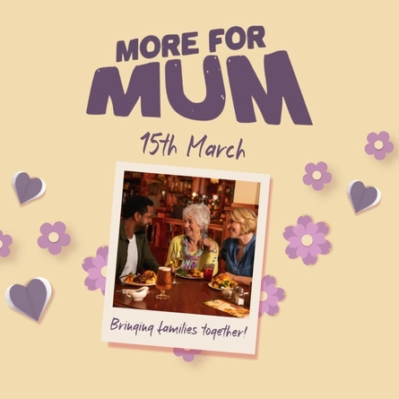 A banner featuring a picture of three people eating dinner in a restaurant, promoting Mother's Day at Farmhouse Inns.