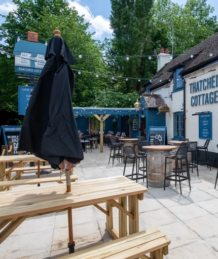The beer garden at the Thatched Cottage.