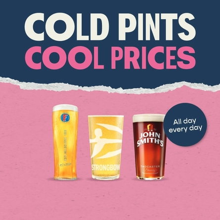 A graphic promoting 'cold pints cool prices' for Pub and Social.