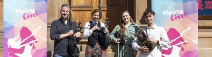 A what's On group portrait image advertising the Piping Live Launch.