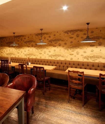 The seating and dining area at the Old Tea Warehouse.