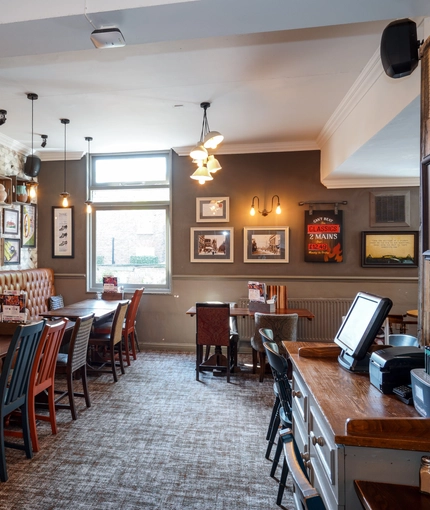 Interior dining area of a pub.