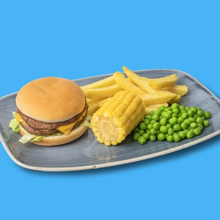 A packshot featuring a plated Kids Double Cheese Burger dish available for delivery from Hungry Horse venues.