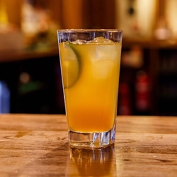 A cocktail in a highball glass on a bar.