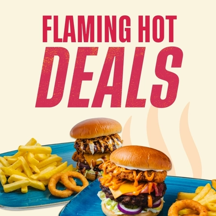 A banner showing 2 burger dishes with fries and onion rings to advertise Flaming Hot Deals at Flaming Grill venues.