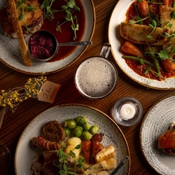 A variety of dishes on a table.