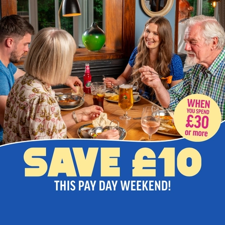 A graphic promoting a pay day weekend deal at Hungry Horse 'when you spend £30 or more save £10 this weekend.'