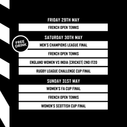A banner displaying televised Sports events during May being shown at selected Greene King Sport and Belhaven venues.