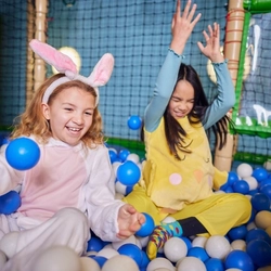 Some children playing in a ball pit in an indoor play area.