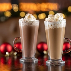two coffees sitting on a wooden table of a pub