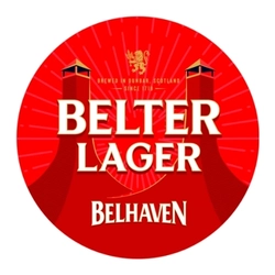 The circular logo for Belhaven Belter lager, on a white background.