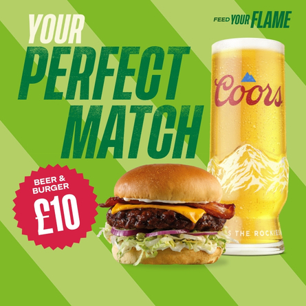 A banner featuring a burger and a pint of Coors on a pale green and darker green diagonal striped background with the wording "Your Perfect Match - Beer and Burger £10" to advertise a deal at Flaming Grill venues.