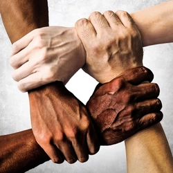The hands of four people linking and holding each others wrists.