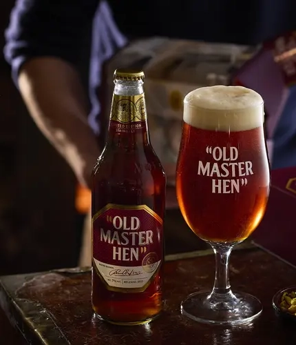 Old Master Hen bottle and glass