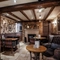 The restaurant and seating areas of The Old Mill, and a fireplace between the tables.