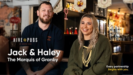 A banner showing the managers of The Marquis On Granby advertising Hive venues for Pub Partners.