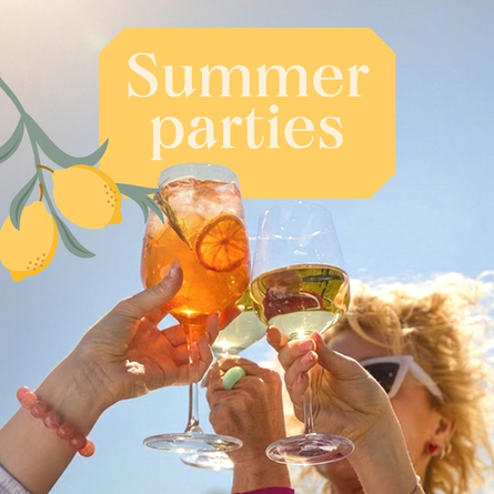 A banner containing an image of 3 drinks being held by people celebrating with a cheers to advertise Summer Parties at Chef & Brewer venues.