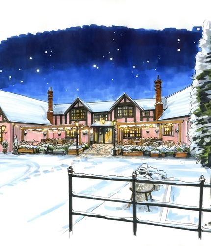 Crafted - The Watermill - Christmas Exterior Illustration