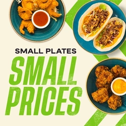 Promotional banner featuring the text “Small Plates, Small Prices” on a light beige background with green chevron graphics. Three blue plates display small plate dishes including crispy breaded shrimp with sweet chilli dip, soft tacos filled with pulled meat and salad, and bite-sized crispy chicken pieces served with a creamy dipping sauce.