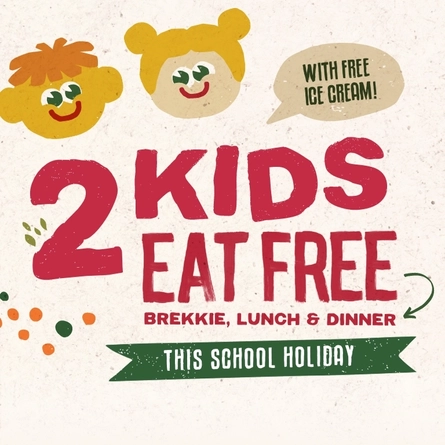 A banner promoting the Kids Eat Free campaign at Farmhouse Inns Venues.