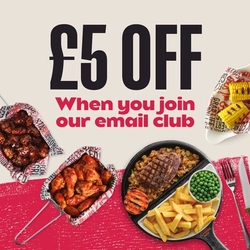 A graphic promoting £5 off when you join the email club at Flaming Grill.