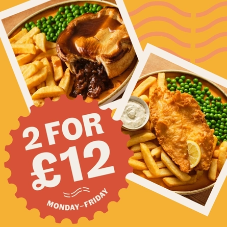 A graphic promoting 2 for £12 pub classics at Seared Pubs.