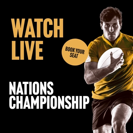 A banner with a black background featuring a rugby player and the wording "Watch Live - Nations Championship - Book Your Seat" to advertise a sporting event at Belhaven venues.